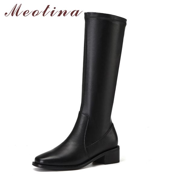 

meotina women boots natural genuine leather chunky heels long boots square toe zipper mid heel knee high boots winer black 40 210520
