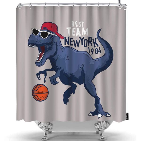 

dinosaur wearing sunglasses and hat playing basketball funny animal gray shower curtains home decorative waterproof polyester