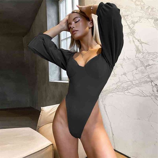 İlkbahar Yaz Rahat Kırmızı Siyah Sevimli Fener Kollu Bodysuit Tulum Moda Seksi Sıska Tulumlar Kadın Vücut Tops 210720