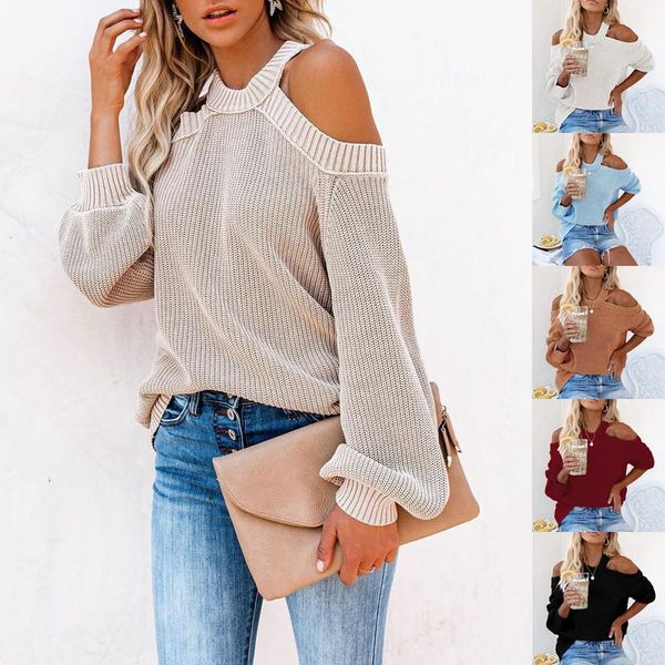 

women's sweaters 1pcs halter off shoulder loose pullover woman autumn winter women solid long sleeve knit pullovers, White;black