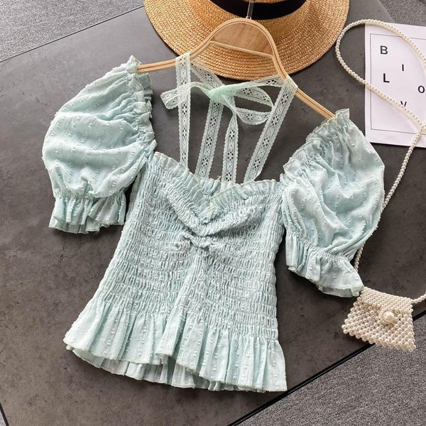 

women's t-shirt crop summer sweet age reduction coat lace halter slim short puff sleeve holiday shirt, White