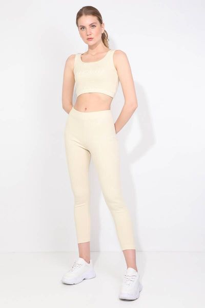 

womens light yellow ribbed sports tights set women's leggings, Black