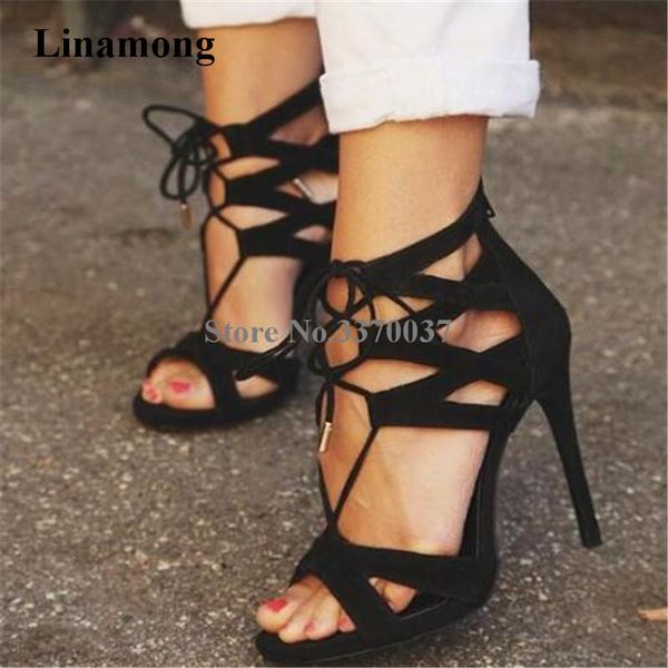 

fashion women open toe suede leather stiletto heel gladiator sandals lace-up black red high dress shoes