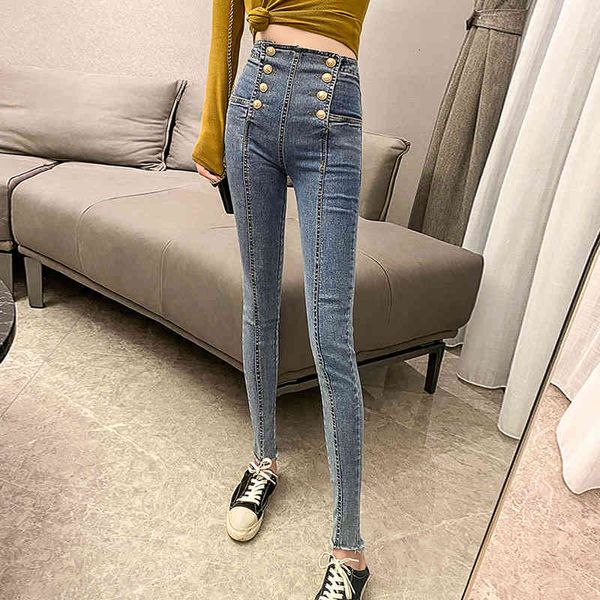 

elastic thin russian fashions girls double-breasted jeans high waist, Blue