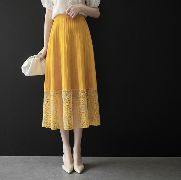 

skirts fashionable lace skirt design sense a-line waist pleated c114, Black
