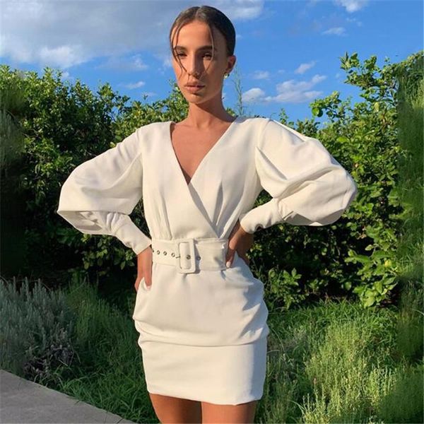 

casual dresses women formal dress with belt 2021 chic fashion short mini vintage female puff sleeve deep v-neck vestidos, Black;gray