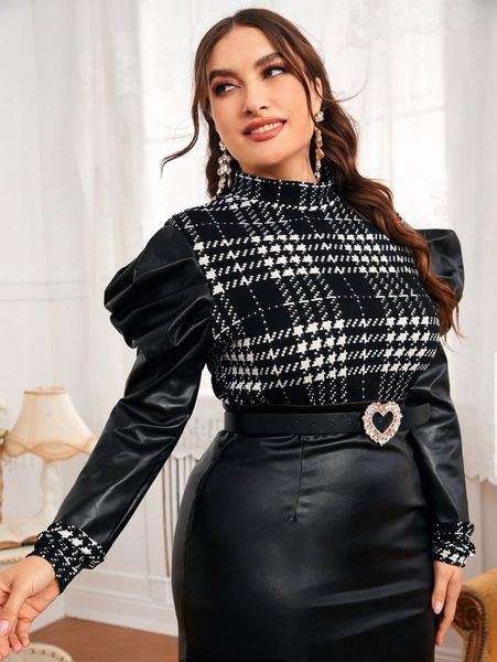 

plus houndstooth print gigot sleeve 247d#, Black