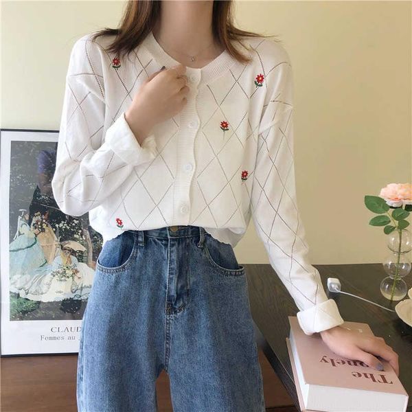 

women's knits & tees icclek crocheted hollow long sleeve early autumn 2021 asian version fashion all-match student knitwear cardiga, White