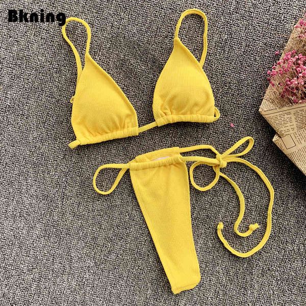 Bkning Gelbe Bikini-Badebekleidung 2-teiliges brasilianisches Tanga-Bikini-Set 2021 Damen-Strand-Badeanzug Solid String Bikiny Thong Micro Red X0522