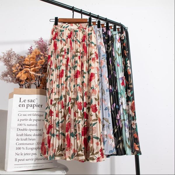 

high waist floral print womens skirts mid calf long pleated summer vintage elegant chiffon midi, Black