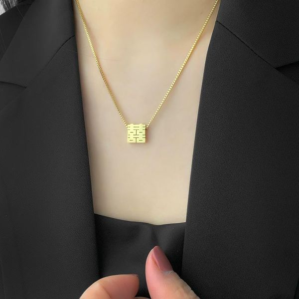 

chains retro chinese style literary temperament double happiness stainless steel gold necklace sweater chain female, Silver