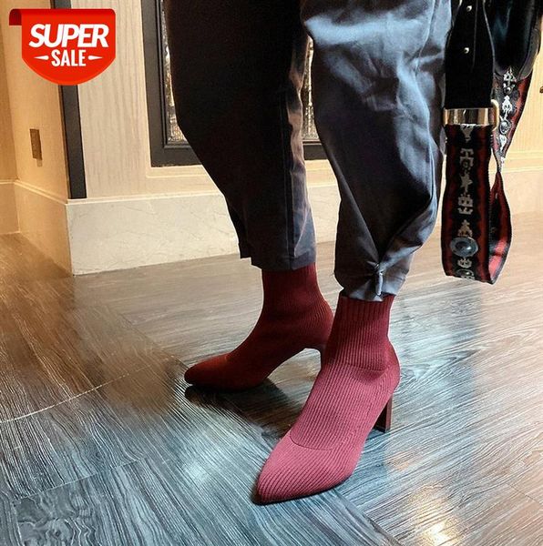 

pointed elastic stockings boots women thick heel short ins net red thin knit mid single #vw0u