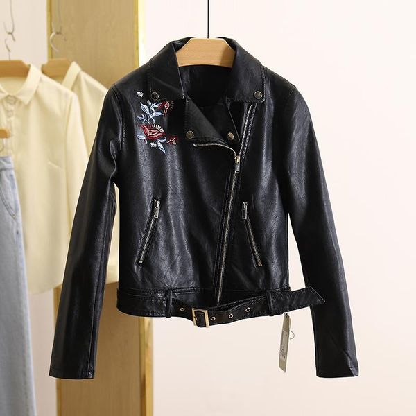 

women's leather & faux women's jacket moto biker zipper autumn motorcycle, Black