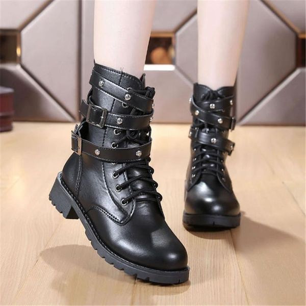 

spring and autumn round toe short tube motorcycle leather boots women's british style knight korean version of the wi, Black