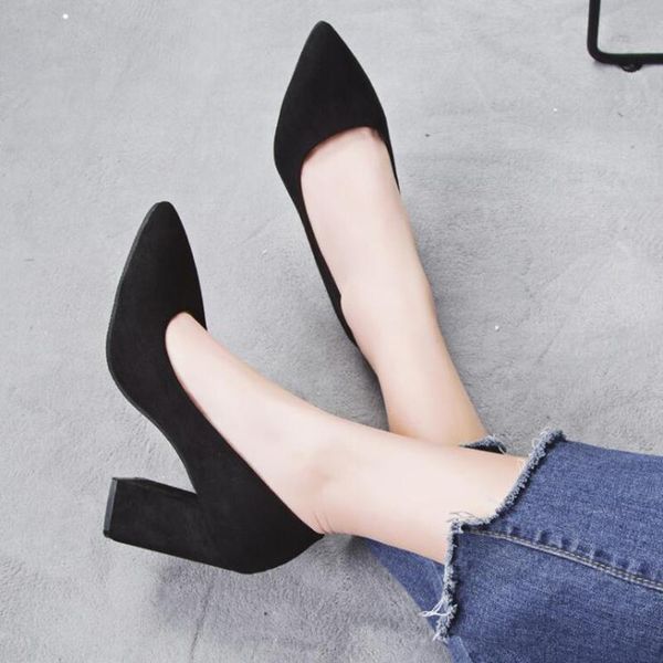 

dress shoes high heel women woman fashion flock square heels 2021 autumn work pointed shallow suede d356, Black