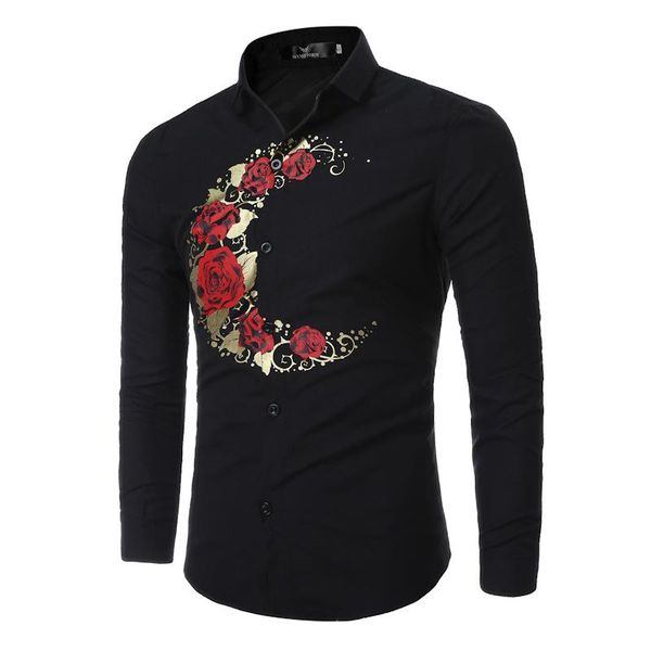 

men's casual shirts 2021 mens slim fit rose floral moon printed long sleeve single breasted dress fashion urban clothing, White;black