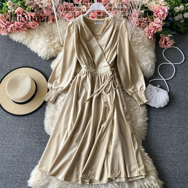

casual dresses hisuma 2021 spring autumn women's v-neck lantern sleeve lace-up velvet fairy dress female chic waist elegant a-line, Black;gray