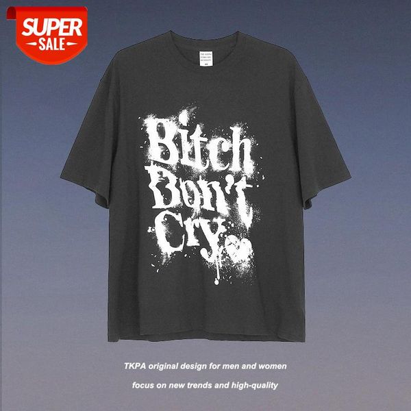 

streetwear men national tide graffiti spray paint letter printing round neck high street rock funeral short-sleeved t-shirt couple wea #yk4i, White;black