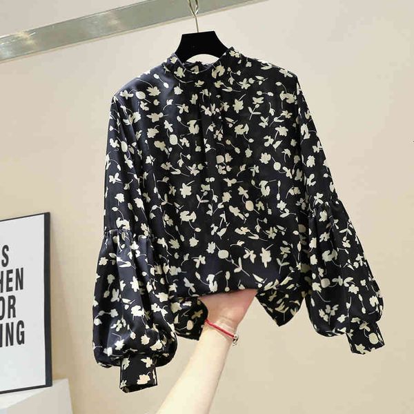 

shirt black spring ladies stand collar lantern sleeve women shirts floral chiffon blouses, White