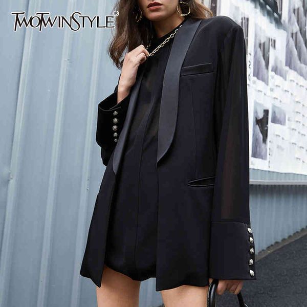 

vinatge loose women blazer notched collar long sleeve patchwork button suit for female fashion clothing 210524, White;black