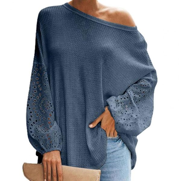 

women's blouses & shirts women blouse autumn casual cotton blend solid color hollow out sleeve round neck shirt streetwear 2xl, White