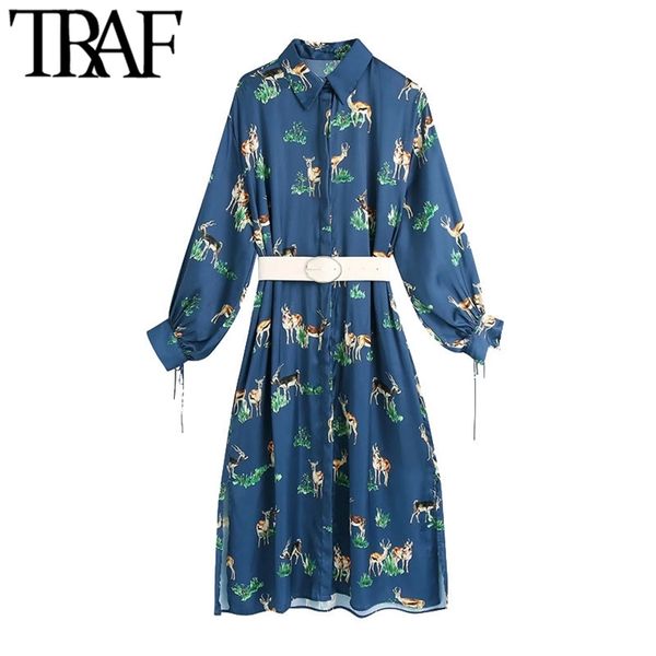 

women chic fashion with belt animal print midi dress vintage long sleeve tie cuffs vents hem female dresses mujer 210507, Black;gray