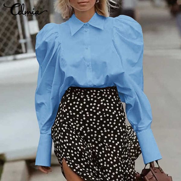 

women's blouses & shirts blouses celmia elegant streetwear solid women fashion long puff sleeve autumn ladies buttons blusas plus size, White