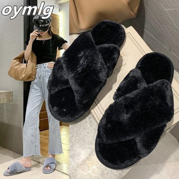 

winter women house slippers warm faux fur fashion shoes woman slip on flats designer ladies furry female slides indoor1, Black