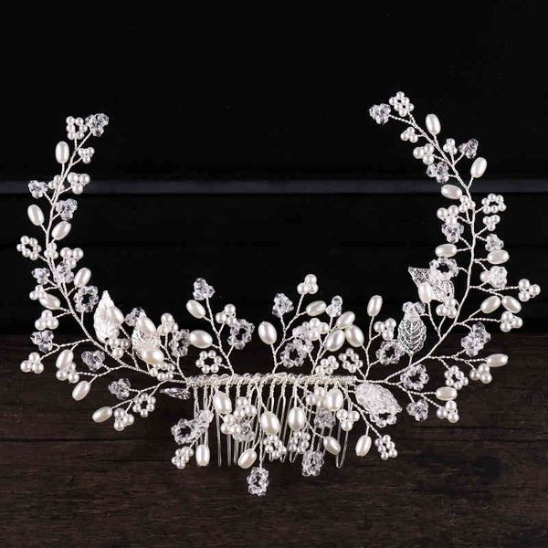 

wedding hair jewelry accessories tuan ming headdress silver handmade leaf comb pearl dress bride, Slivery;golden