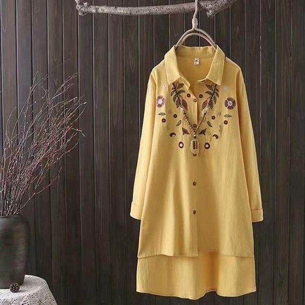 

plus size women long blouse vintage floral embroidered spring autumn front short back blusas women's blouses & shirts, White
