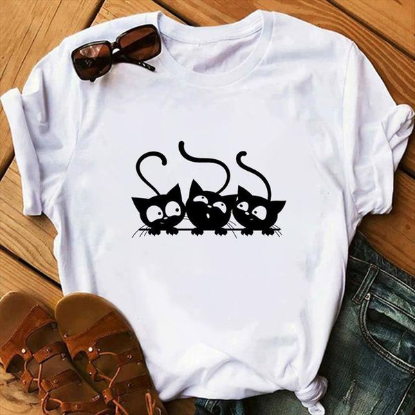 

black cat summer funny womens t shirt clothes aesthetic tshirts casual vintage harajuku kawaii shirts oversized, White