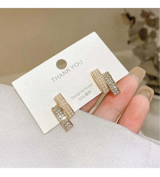 

stud small simple cute pearl crystal post eearrings high end-sense personality temperament fashion jewelry for women girls, Golden;silver