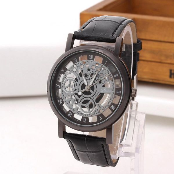 Armbanduhren Luxry Marke Hohl Gravur Armbanduhr Für Männer Skeleton Uhr Männliche Saat Frauen Quarz Business Mode Leder Band Uhr