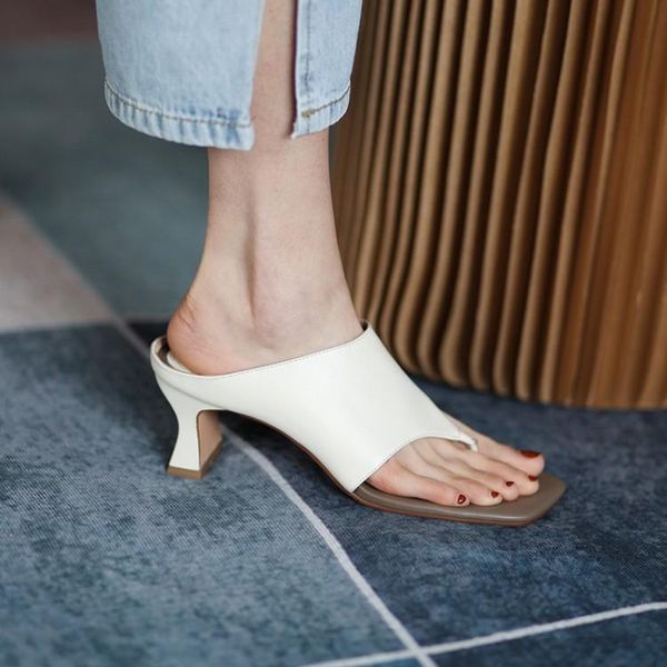 

vintage square toe women summer slippers beige leather casual beach flip flops 6cm high heels lady sandalias femmes 2021 slides, Black