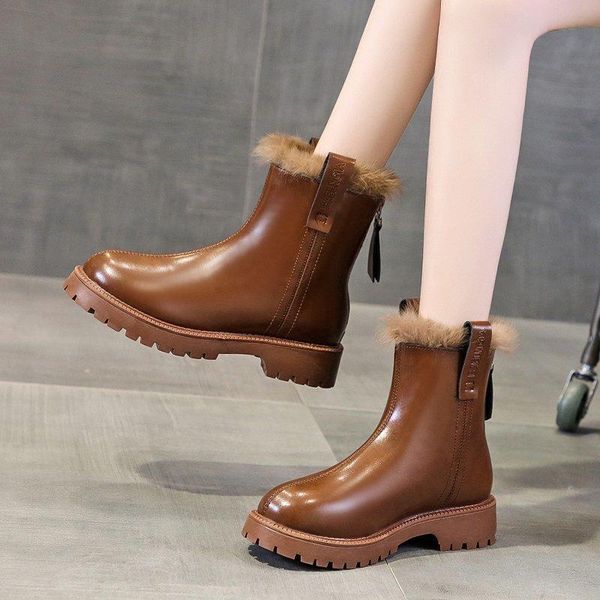 

boots winter fur ankle boot for woman fashion designer shoes ladyies high chunky warm leather, Black