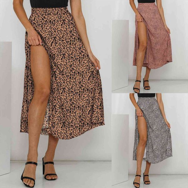 

fashion loose printing womens skirts high waist a line split pleated faldas, Black