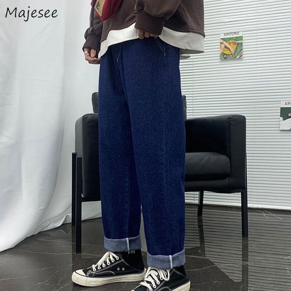 

men's jeans men ankle-length solid elastic waist simple chic vintage retro loose leisure denim trousers hipster plus size s-3xl trendy, Blue