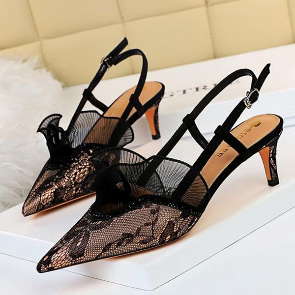 

sandals 2021 summer luxury women low high heels slingback designer pointed toe mesh lace plus size female party shoes, Black