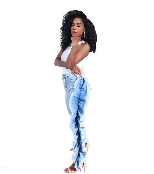 

2021 women's ruffle hole jeans, Black;white