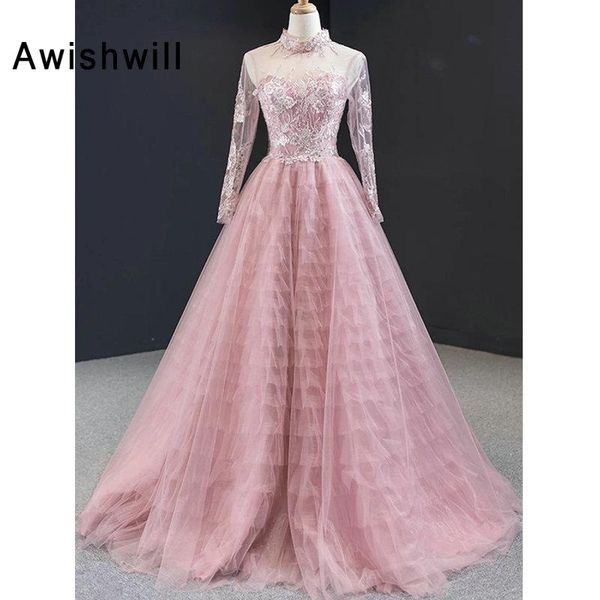 

party dresses charming pink long sleeve formal dress high neck beaded appliques tulle tiered a-line women evening elegant, White;black