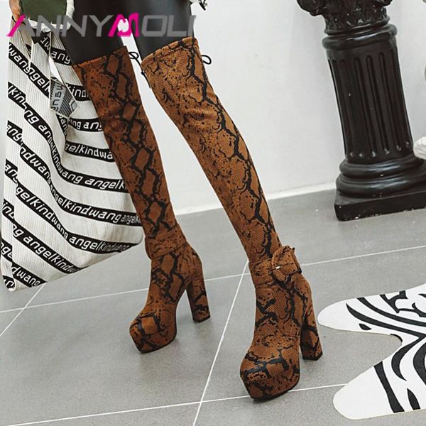 

boots annymoli winter thigh high women snake print chunky heel over the knee slim stretch extreme shoes lady 46, Black