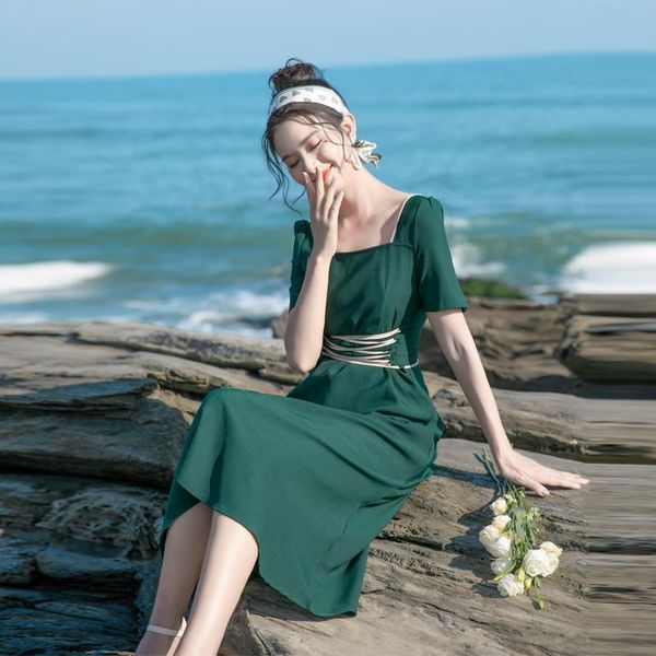 

casual dresses 2021 summer clothes of slightly mature women ed in french waistline female slimming tooth mori temperament style, Black;gray