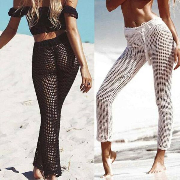 

women's pants & capris women beachwear fish net crochet fishnet hollow out see-through wide leg trousers, Black;white