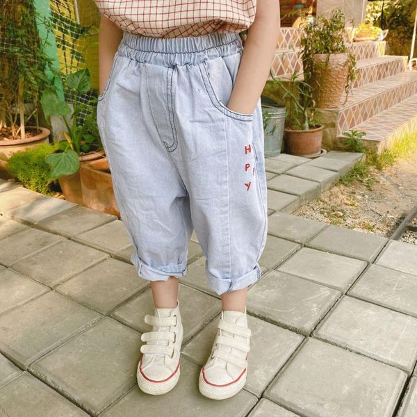 

jeans wlg girls kids denim blue letter embroidery calf length jean summer baby girl casual loose trousers for 1-6 years