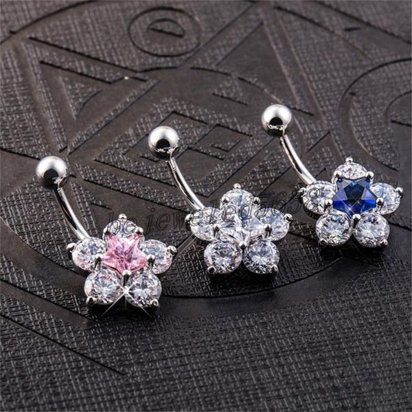 

18k white gold plated cz blue/white/pink sparky star flower belly dance ring for girls women body piercing jewelry gift, Silver