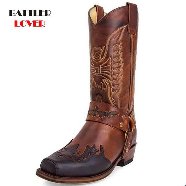 

boots women vintage leather embroidery western cowboy motorcycle botas for female autumn winter cowgirl booties, Black