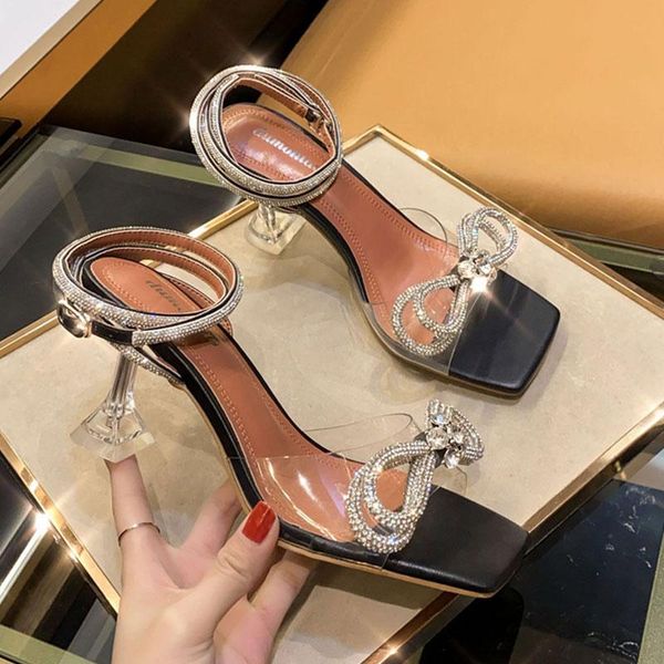 

luxury crystal women sandals rhinestone bowknot pvc transparent high heels ankle strap square toe ladies wedding shoes, Black