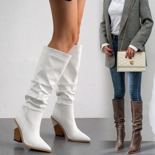 

boots one wood grain thick heeled shoes with pointed high tube and versatile 40414243 large fashionable, Black