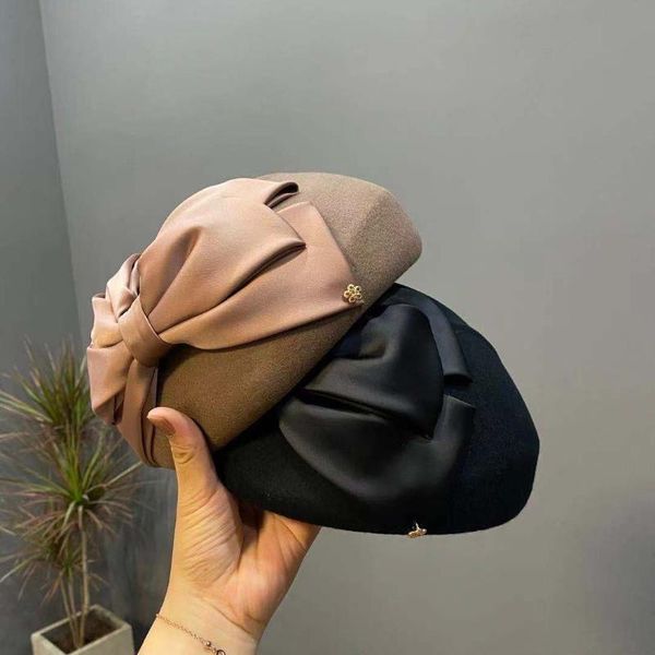 

berets 202108-weimin grace satin big bowknot wool dinner formal lady beret hat women leisure painter, Blue;gray