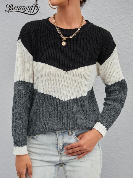 

women's sweaters benuynffy o-neck loose knitted women 2021 autumn winter color block female pullovers warm casual knitwear jumper, White;black